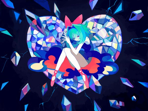 Anime picture 1333x1000 with vocaloid gumi sokokoro single short hair red eyes bare shoulders nail polish green hair black background girl dress bow hair bow heart crystal