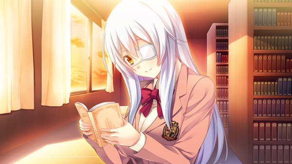 Anime picture 1280x720 with innocent bullet miyasu sanae long hair wide image game cg white hair orange eyes girl uniform school uniform window book (books) eyepatch shelf bookshelf