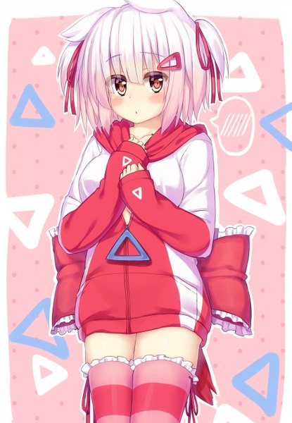 Anime picture 900x1300 with original wataru (zazazazazazawa) single tall image looking at viewer blush short hair red eyes animal ears white hair zettai ryouiki girl thighhighs ribbon (ribbons) hair ribbon striped thighhighs