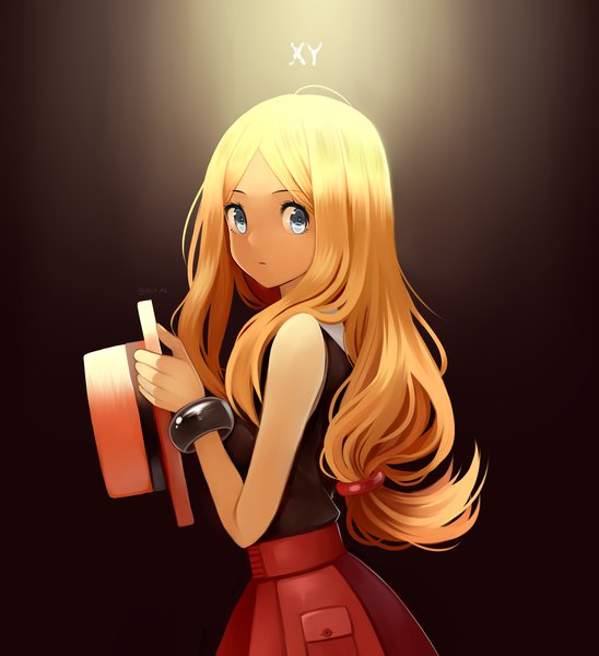 Anime picture 2268x2480 with pokemon pokemon xy nintendo serena (pokemon) ropang single long hair tall image highres blue eyes blonde hair simple background bare shoulders holding looking away upper body low ponytail hat removed girl hat
