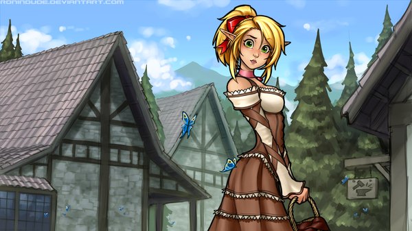 Anime picture 1920x1080 with original lin (ronin dude) ronin dude (ray cornwell) looking at viewer highres short hair breasts blonde hair wide image green eyes sky cloud (clouds) ponytail lips girl dress bow plant (plants) hair bow tree (trees)