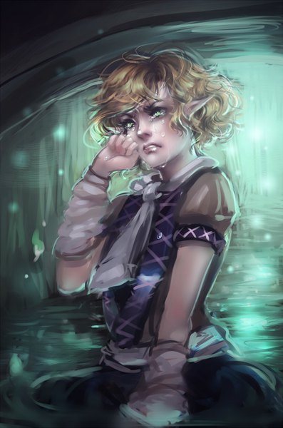 Anime picture 729x1100 with touhou mizuhashi parsee sheryth (artist) single tall image short hair simple background blonde hair green eyes pointy ears tears wavy hair crying girl detached sleeves neckerchief teardrop fireflies