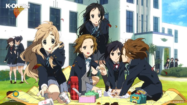 Anime picture 1920x1080 with k-on! kyoto animation akiyama mio hirasawa yui nakano azusa kotobuki tsumugi tainaka ritsu long hair looking at viewer highres short hair open mouth blonde hair brown hair wide image sitting multiple girls black eyes girl uniform