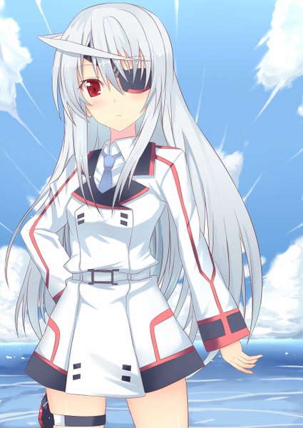 Anime picture 900x1271 with infinite stratos 8bit laura bodewig nakatama kyou single long hair tall image looking at viewer blush red eyes sky silver hair cloud (clouds) girl uniform school uniform water eyepatch