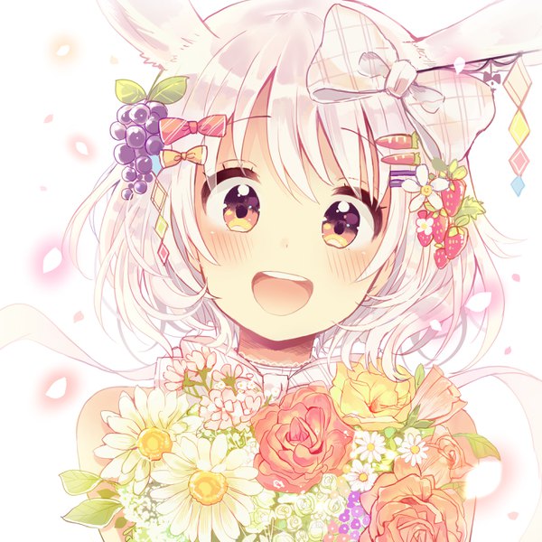 Anime picture 2894x2894 with original sakura oriko single looking at viewer fringe highres short hair open mouth hair between eyes animal ears yellow eyes upper body white hair :d girl flower (flowers) bow hair bow food hairclip