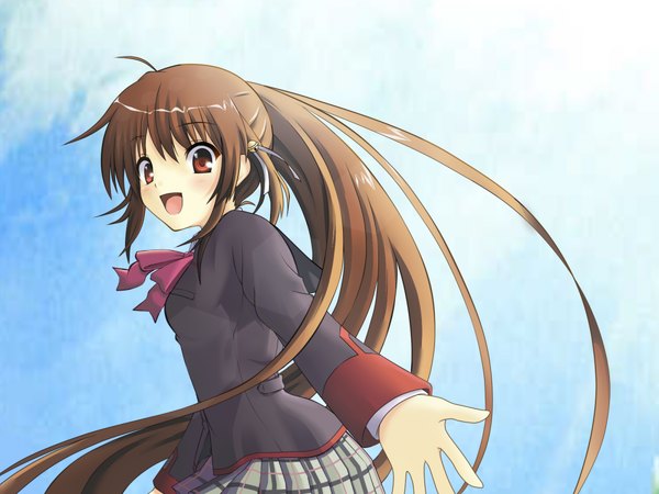 Anime picture 1000x750 with little busters! key (studio) natsume rin genkai madika single long hair open mouth red eyes brown hair ponytail looking back girl uniform school uniform