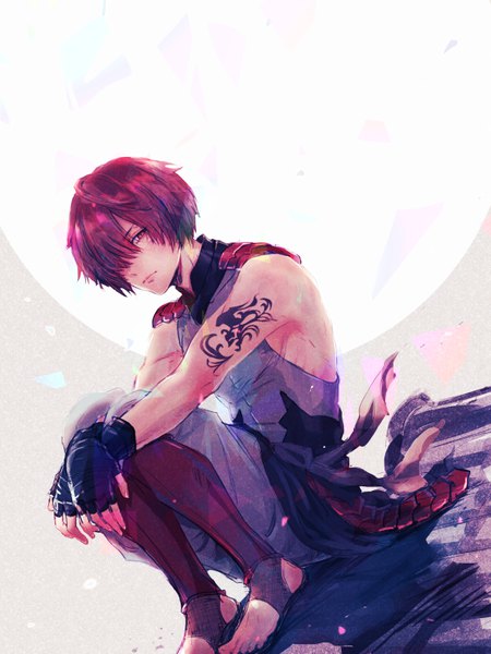 Anime picture 600x800 with fate (series) fate/grand order fuuma kotarou (fate) saryo single tall image looking at viewer fringe short hair red eyes sitting bare shoulders red hair hair over one eye tattoo no shoes boy gloves black gloves fingerless gloves