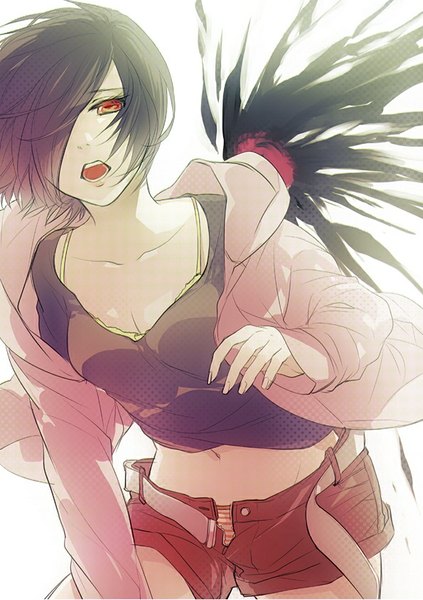 Anime picture 595x842 with tokyo ghoul studio pierrot kirishima touka sarachi yomi single tall image looking at viewer fringe short hair open mouth red eyes white background green hair hair over one eye open clothes open jacket leaning leaning forward open shorts girl