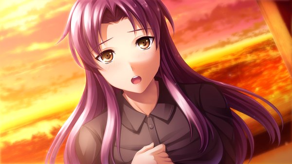 Anime picture 1280x720 with izuna zanshinken (game) long hair open mouth wide image brown eyes game cg purple hair girl