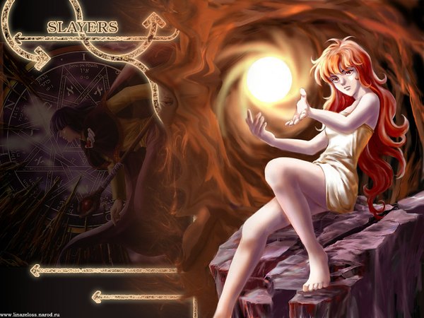 Anime picture 1024x768 with slayers j.c. staff lina inverse xelloss tagme (artist) looking at viewer highres short hair red eyes sitting purple hair red hair very long hair barefoot magic naked towel girl boy towel flame