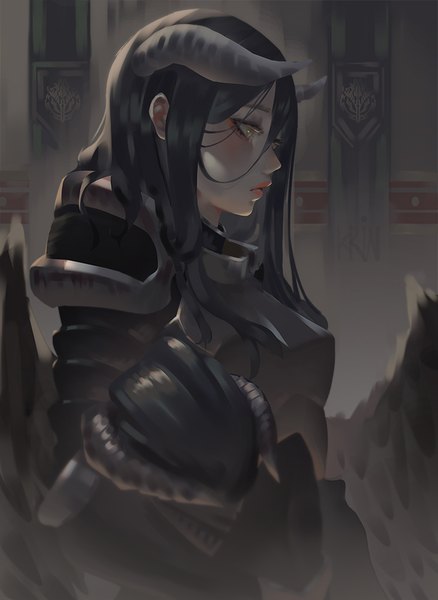Anime picture 730x1000 with overlord (maruyama) madhouse albedo (overlord) krin single long hair tall image blush fringe black hair hair between eyes yellow eyes looking away upper body indoors parted lips horn (horns) demon girl black wings headwear removed