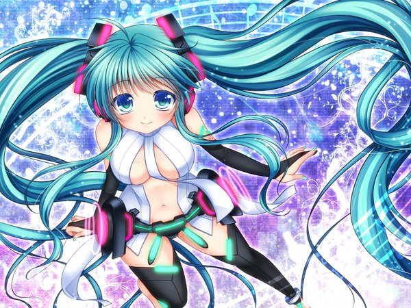 Anime picture 1600x1200 with vocaloid vocaloid append hatsune miku hatsune miku (append) asazuki kanai single looking at viewer blush breasts blue eyes light erotic twintails very long hair aqua hair girl navel headphones