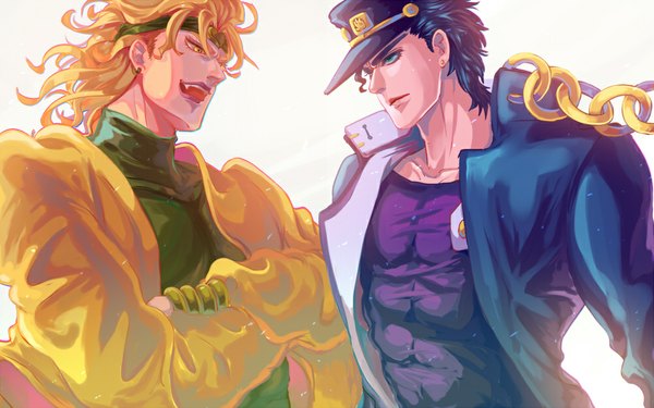 Anime picture 1000x625 with jojo no kimyou na bouken kujo jotaro dio brando sarabi (artist) short hair open mouth blue eyes simple background blonde hair white background yellow eyes blue hair profile wind teeth fang (fangs) crossed arms muscle boy uniform