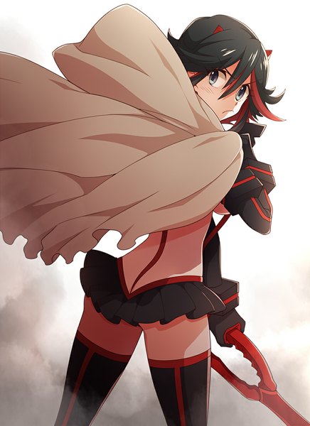 Anime picture 800x1100 with kill la kill studio trigger matoi ryuuko senketsu kuma yuu single tall image blush short hair light erotic black hair simple background white background looking away looking back multicolored hair horn (horns) black eyes two-tone hair streaked hair