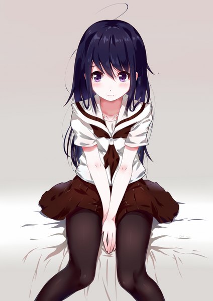 Anime picture 2480x3507 with original gh (chen ghh) single long hair tall image looking at viewer blush fringe highres black hair simple background hair between eyes sitting purple eyes ahoge bent knee (knees) pleated skirt grey background short sleeves between thighs