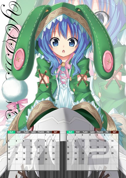 Anime picture 1422x2000 with date a live yoshino (date a live) sigemi single long hair tall image open mouth blue eyes animal ears blue hair loli bunny ears zoom layer girl dress calendar