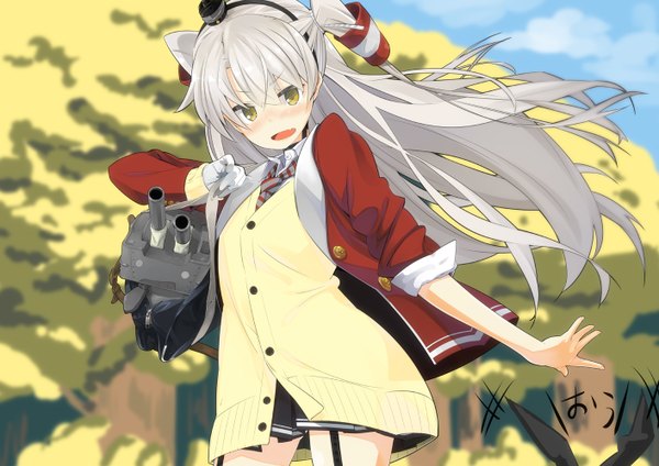 Anime picture 1412x1000 with kantai collection shimakaze destroyer amatsukaze destroyer rensouhou-kun iwasaki takashi long hair blush open mouth multiple girls yellow eyes silver hair teeth fang (fangs) two side up girl ribbon (ribbons) 2 girls plant (plants) hair ribbon hat