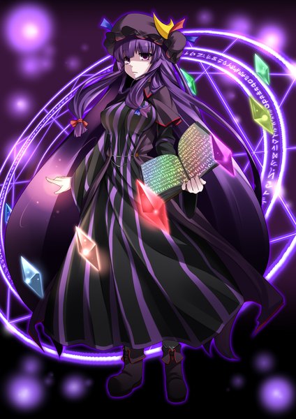 Anime picture 2892x4092 with touhou patchouli knowledge xefy (artist) long hair tall image highres purple eyes purple hair magic striped girl dress book (books) bonnet crystal magic circle