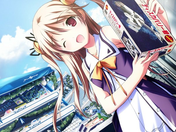 Anime picture 1024x768 with baldr (series) baldr sky baldr sky dive 2 giga minazuki sora single long hair open mouth blonde hair red eyes bare shoulders game cg one eye closed wink two side up girl hair ornament bow ribbon (ribbons) hair ribbon