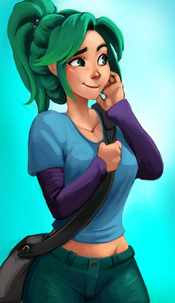 Anime picture 600x1039 with carlos eduardo single long hair tall image smile green eyes looking away ponytail green hair bare belly girl bag t-shirt