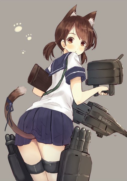 Anime picture 800x1135 with kantai collection shirayuki destroyer sumisu (mondo) single tall image blush short hair simple background brown hair twintails brown eyes animal ears tail animal tail looking back from behind cat ears grey background cat girl cat tail