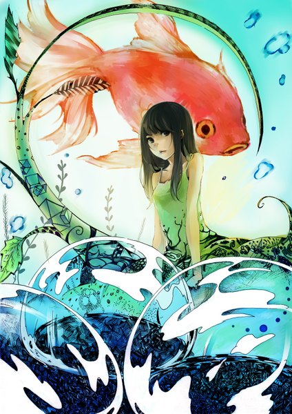 Anime picture 2480x3507 with original atyako long hair tall image highres black hair bare shoulders black eyes girl plant (plants) water sundress bubble (bubbles) fish (fishes)