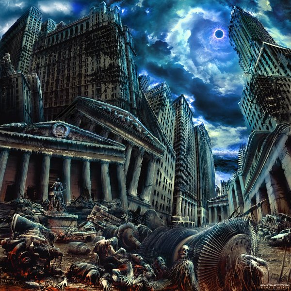 Anime picture 1200x1200 with alexiuss sky city ruins skeleton post-apocalyptic building (buildings) ground vehicle car skyscraper statue