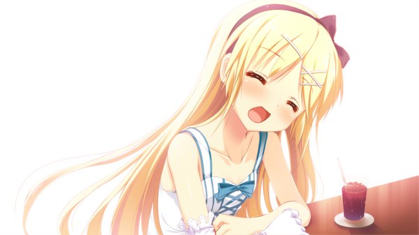 Anime picture 1280x720 with naka no hito nado inai amamoto rui nimura yuuji long hair open mouth blonde hair wide image game cg eyes closed girl hair ornament hairband hairclip sundress single glove