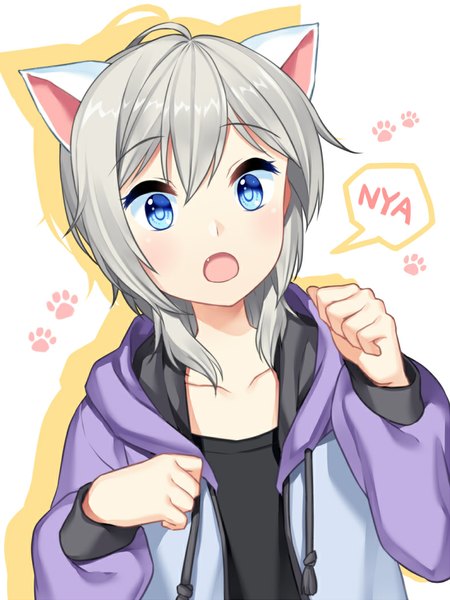 Anime picture 787x1050 with idolmaster idolmaster cinderella girls anastasia (idolmaster) jenevan single tall image looking at viewer blush fringe short hair open mouth blue eyes hair between eyes animal ears silver hair open clothes open jacket fake animal ears girl jacket