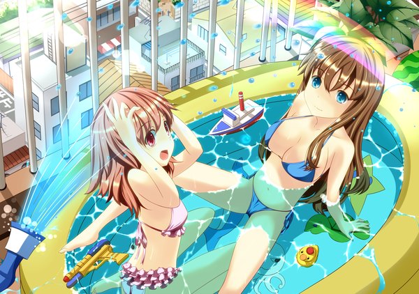 Anime picture 2480x1748 with onaka sukisuki highres blue eyes light erotic red eyes brown hair multiple girls wet summer girl 2 girls swimsuit bikini water toy shower hose