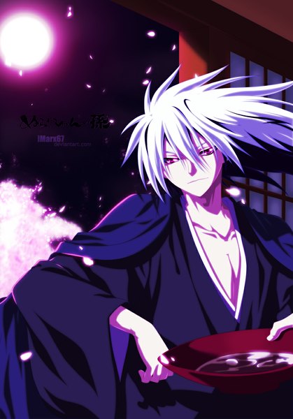 Anime picture 812x1163 with nurarihyon no mago nura rikuo eroishi single long hair tall image black hair white hair traditional clothes japanese clothes pink eyes multicolored hair light smile night two-tone hair night sky coloring cherry blossoms boy plant (plants)