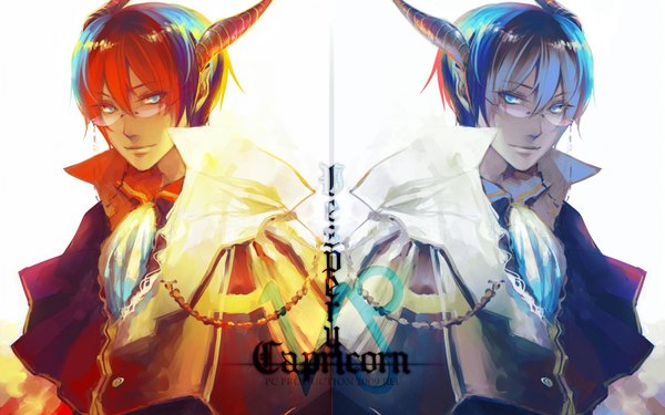 Anime picture 1680x1050 with original pixiv coralstone looking at viewer short hair blue eyes wide image white background blue hair red hair horn (horns) light smile wallpaper text dual persona boy glasses bowtie buttons