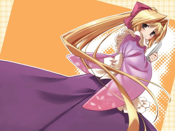 Anime picture 1600x1200 with pia carrot kinoshita rumi isizuaki single long hair looking at viewer blush fringe blonde hair simple background standing holding brown eyes payot traditional clothes parted lips japanese clothes wide sleeves from below floating hair