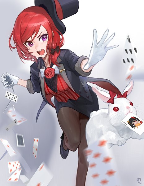 Anime picture 1000x1289 with love live! school idol project sunrise (studio) love live! nishikino maki modare single tall image blush short hair open mouth purple eyes red hair girl skirt bow hair bow animal pantyhose bunny card (cards)