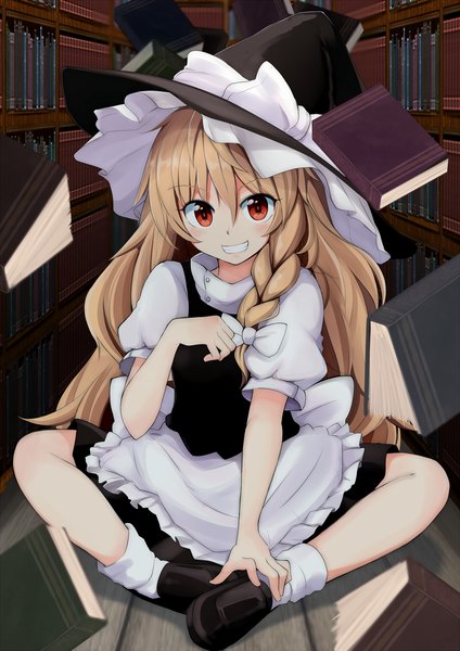 Anime picture 2603x3682 with touhou kirisame marisa kazenoko single long hair tall image looking at viewer highres blonde hair smile red eyes witch girl dress skirt bow hair bow hat book (books) witch hat