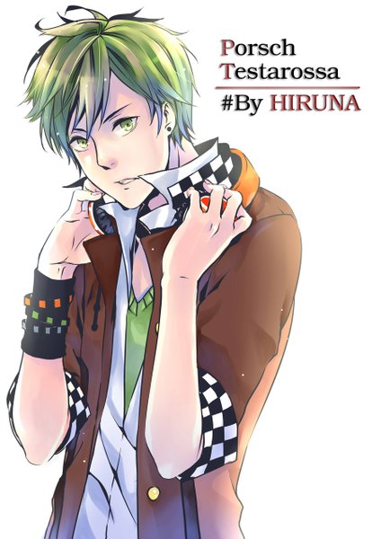 Anime picture 900x1273 with original hiruna454 single tall image short hair simple background white background green eyes green hair open clothes open jacket open shirt partially open clothes checkered twisty sleeves boy shirt jacket bracelet headphones