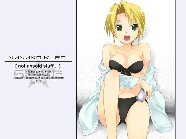 Anime picture 1024x768 with lucky star kyoto animation kuroi nanako single short hair breasts open mouth light erotic blonde hair sitting green eyes inscription open clothes open shirt girl swimsuit