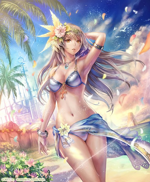 Anime picture 826x1000 with shinma x keishou! ragnabreak original anbe yoshirou single long hair tall image looking at viewer fringe breasts light erotic brown hair bare shoulders brown eyes sky cleavage cloud (clouds) parted lips hair flower bare belly beach