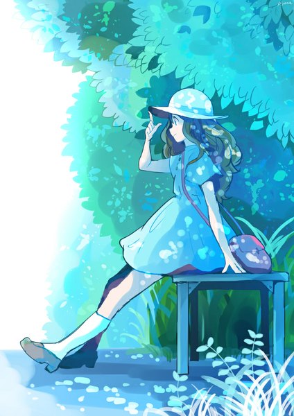 Anime picture 707x1000 with original piyonax single long hair tall image blue eyes smile brown hair sitting looking away short sleeves girl dress plant (plants) hat tree (trees) socks white socks bag grass