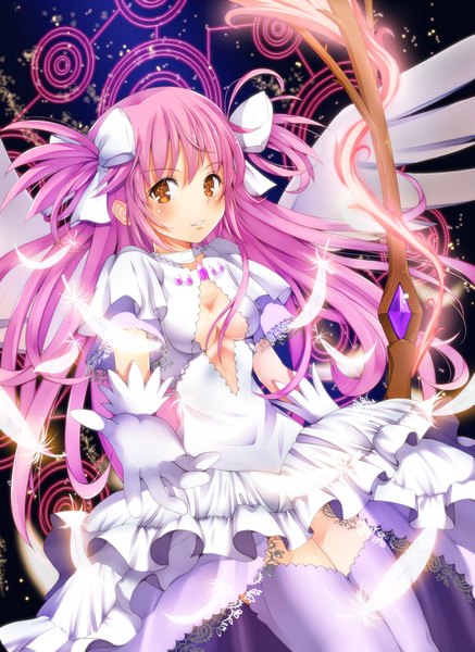 Anime picture 720x987 with mahou shoujo madoka magica shaft (studio) kaname madoka goddess madoka amayofoo single long hair tall image blush twintails brown eyes pink hair light smile short twintails angel wings girl thighhighs dress gloves bow