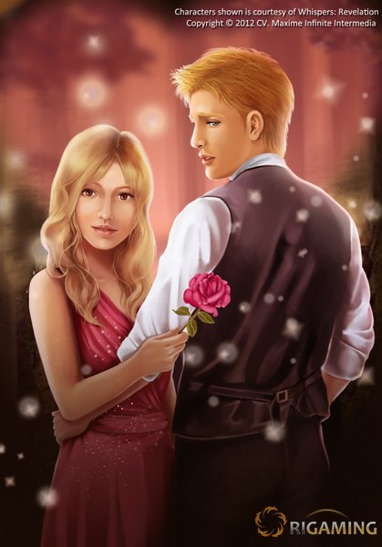 Anime picture 2371x3395 with original origaming long hair tall image highres short hair blue eyes blonde hair red eyes profile looking back lips realistic girl dress boy flower (flowers) rose (roses) pants