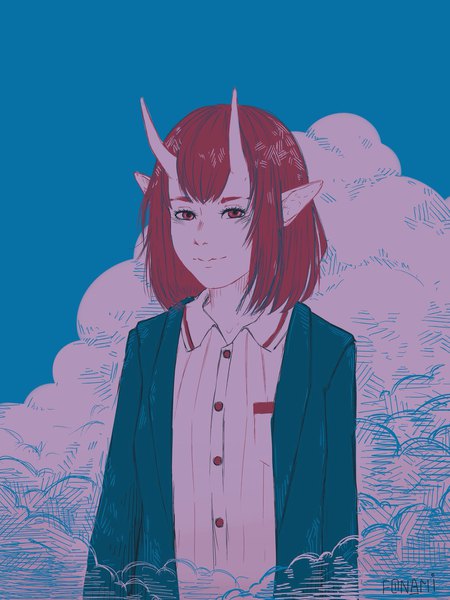 Anime picture 1620x2160 with original fonami single tall image looking at viewer fringe short hair smile hair between eyes red eyes signed sky cloud (clouds) red hair horn (horns) pointy ears blue background oni horns girl shirt