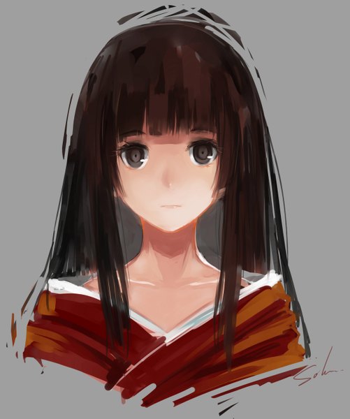 Anime picture 2205x2641 with touhou houraisan kaguya sola7764 single long hair tall image looking at viewer fringe highres simple background brown hair signed black eyes grey background girl