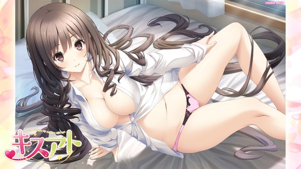 Anime picture 1920x1080 with kiss ato hoshimi tsukuyo mikoto akemi single long hair blush highres breasts light erotic brown hair wide image brown eyes open clothes open shirt drill hair girl navel underwear panties shirt