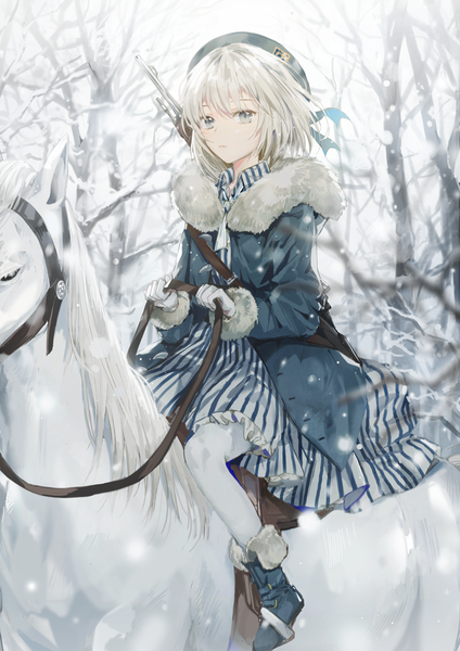 Anime picture 740x1047 with original dangmill single tall image looking at viewer fringe short hair sitting holding silver hair outdoors long sleeves open clothes grey eyes fur trim light snowing winter snow striped