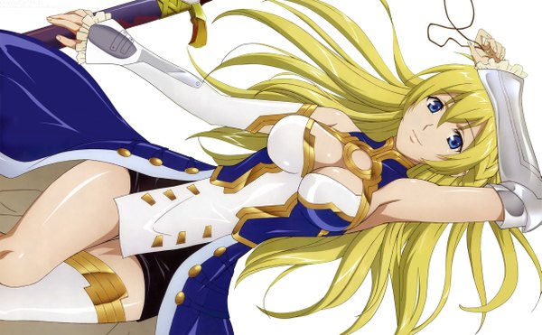 Anime picture 2425x1500 with nobunaga the fool jeanne kaguya d'arc itou katsunobu single long hair highres breasts blue eyes simple background blonde hair wide image white background girl dress weapon detached sleeves sword