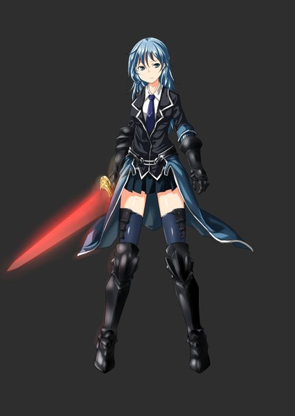 Anime picture 1104x1553 with original kaho single long hair tall image blue eyes simple background blue hair looking away black background girl thighhighs gloves weapon sword necktie