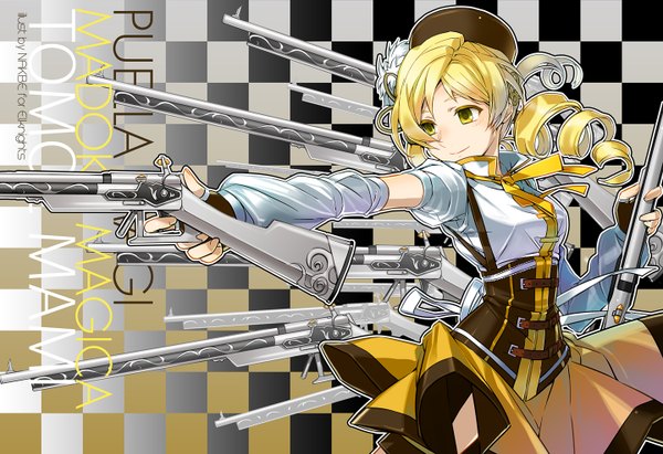Anime picture 1440x988 with mahou shoujo madoka magica shaft (studio) tomoe mami nakbe single long hair blonde hair smile twintails signed yellow eyes looking away drill hair checkered background girl gloves weapon detached sleeves fingerless gloves gun