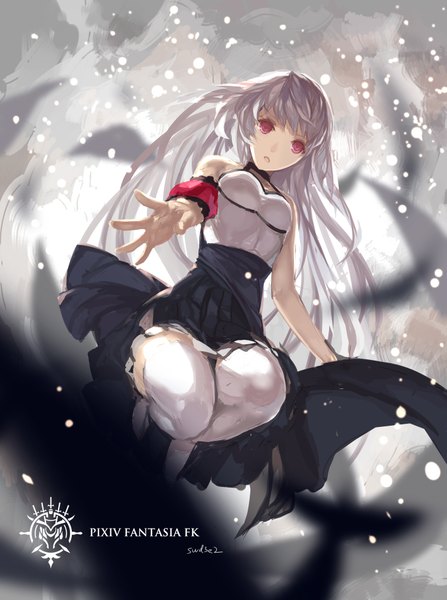 Anime picture 1417x1900 with original pixiv fantasia pixiv fantasia fallen kings swd3e2 single long hair tall image looking at viewer red eyes signed cloud (clouds) white hair from below depth of field outstretched arm snowing winter snow logo girl