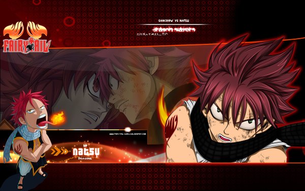 Anime picture 1280x800 with fairy tail natsu dragneel sancrow natsudrgonil short hair open mouth red eyes wide image green eyes yellow eyes pink hair inscription tattoo coloring magic face to face pain boy tongue scarf